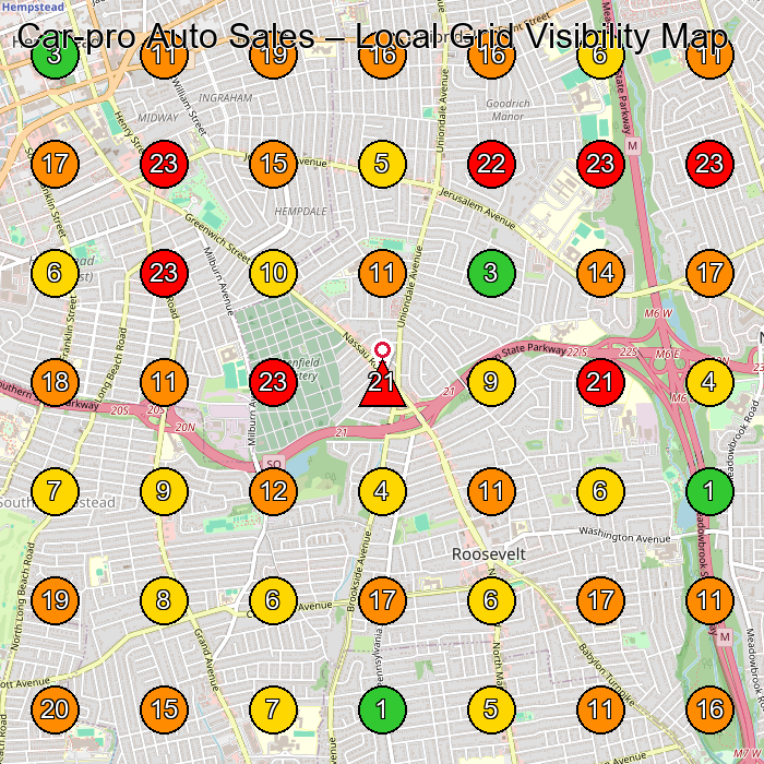 Car-pro Auto Sales Used Car Dealer GeoGrid ranking map for Uniondale NY
